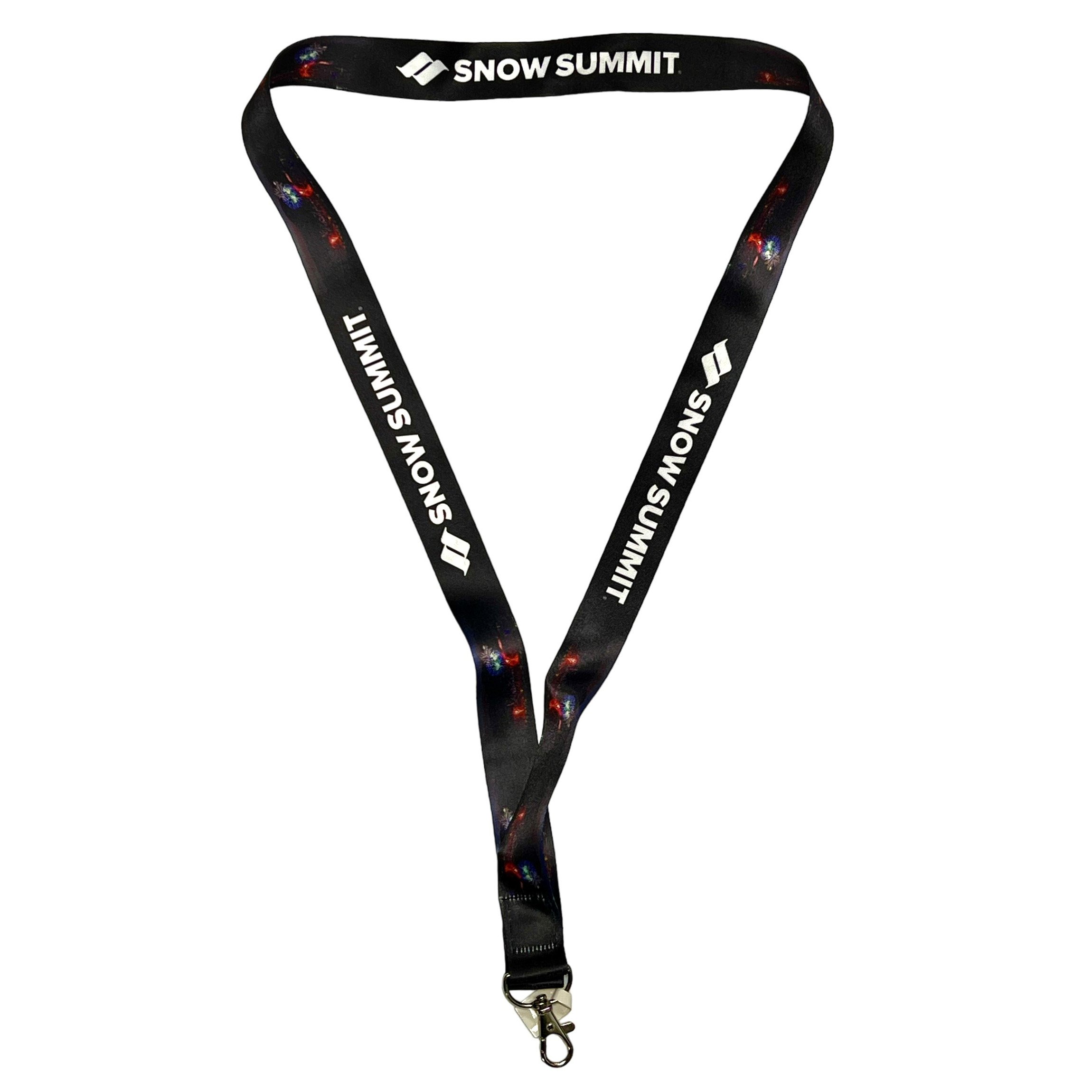lanyard with snow summit logo and fireworks all over it